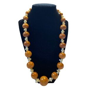 Vintage 1970s Chunky Wood Bead and White Shell Necklace